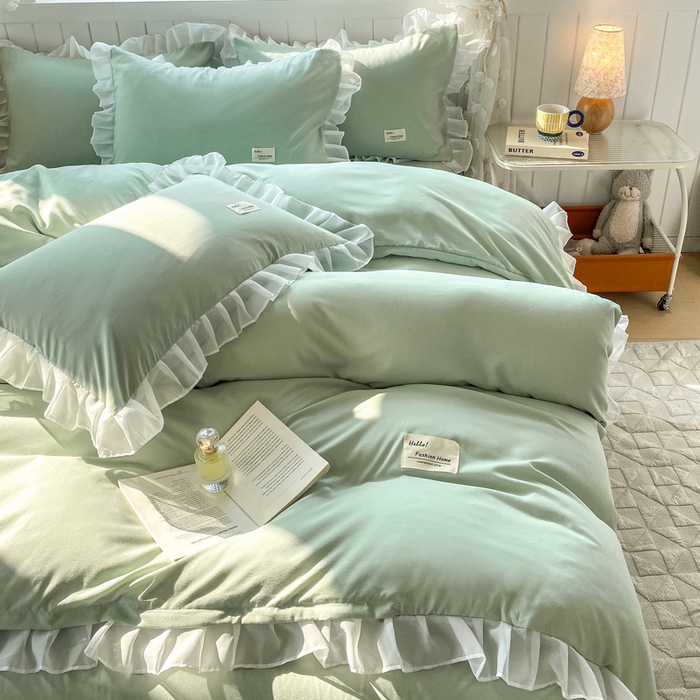 91家纺网 家纺一手货源 找家纺 红日子纺织品 2025新款韩版华夫格水洗棉四件套 亚麻绿