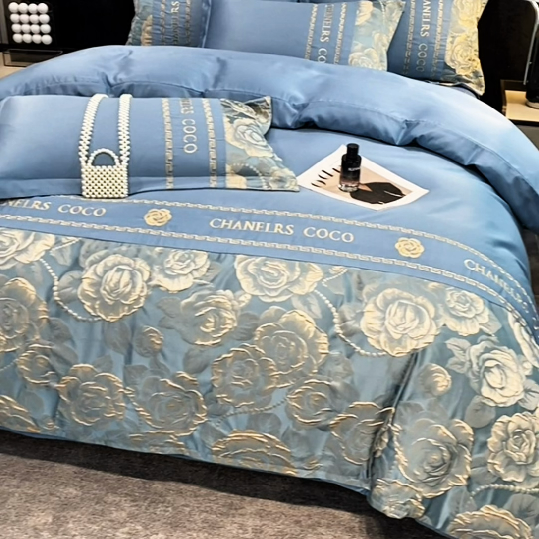 91家纺网 家纺一手货源 找家纺 富宁2025新款浮雕金丝提花刺绣四件套-恋花 青丘蓝