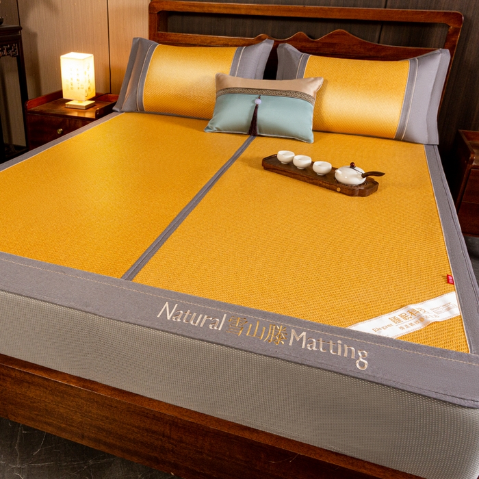 91家纺网 家纺一手货源 找家纺 卡罗兰 2025新款藤席凉席三件套床单床笠黄金藤系列 黄金藤小麦黄-床笠