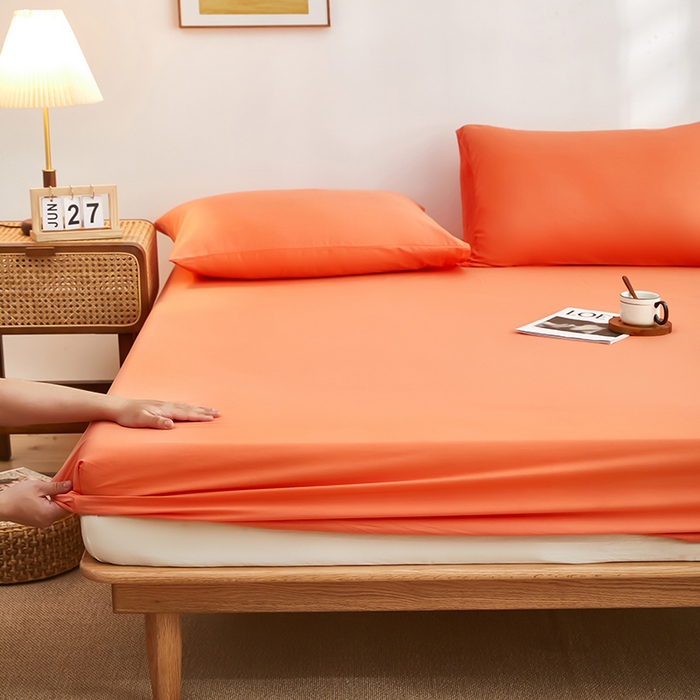 91家纺网 家纺一手货源 找家纺 艾橙家纺 2025新款正宗133x72喷气织造全棉纯棉纯色床笠三件套 桔色