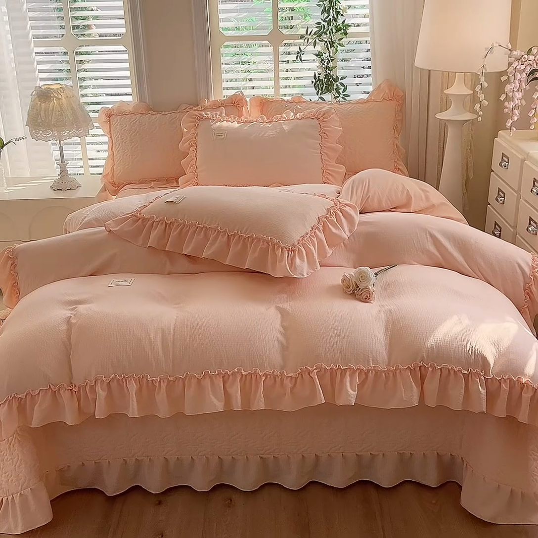 91家纺网 家纺一手货源 找家纺 花香四季家纺 2025新款泡芙小姐双层纱华夫格柔棉夹棉绗缝床盖单件三件四件套 泡芙小姐-玉