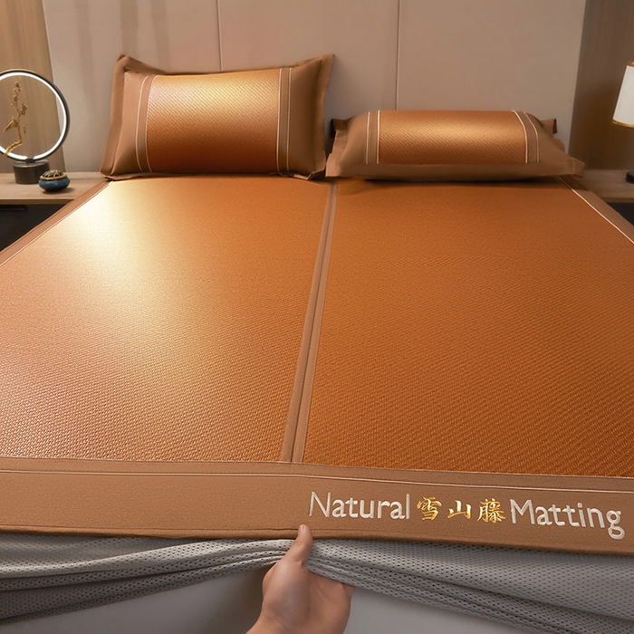 91家纺网 家纺一手货源 找家纺 卡罗兰 2025新款藤席凉席三件套床单床笠黄金藤系列 黄金藤经典咖-床笠