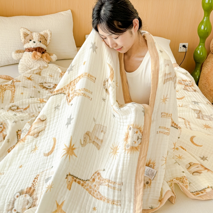 91家纺网 家纺一手货源 找家纺 乐家毛巾被2025新款全棉六层一体超柔泡泡纱多功能毯 动物园