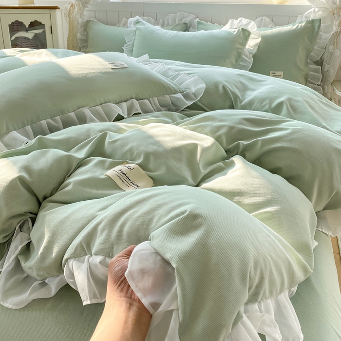 91家纺网 家纺一手货源 找家纺 红日子纺织品 2025新款韩版华夫格水洗棉四件套 亚麻绿