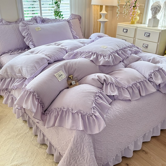 91家纺网 家纺一手货源 找家纺 花香四季家纺 2025新款泡芙小姐双层纱华夫格柔棉夹棉绗缝床盖单件三件四件套 泡芙小姐-紫