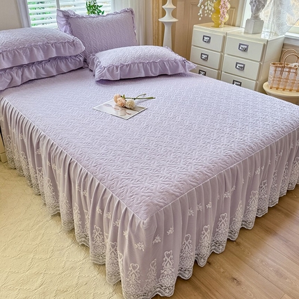 花香四季家纺 2025新款夹棉绗缝床裙单件三件套法式四件套套件蕾丝公主风 紫色