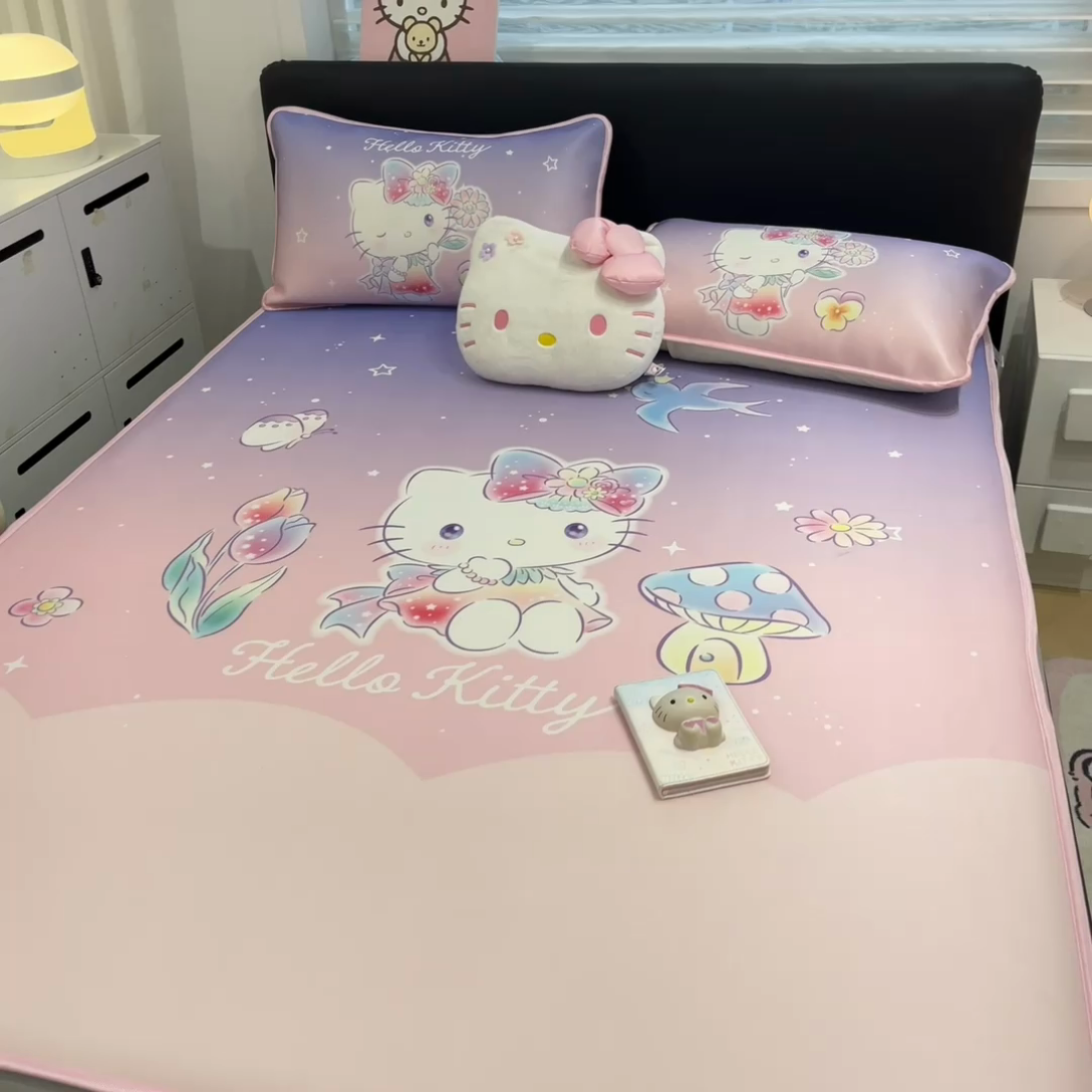 91家纺网 家纺一手货源 找家纺 暮思家居 2025新款正版授权A类大版数码印花三丽鸥可机洗1200D冰丝凉席可组合针织棉夏被四件套床笠款 床笠款-梦幻KT