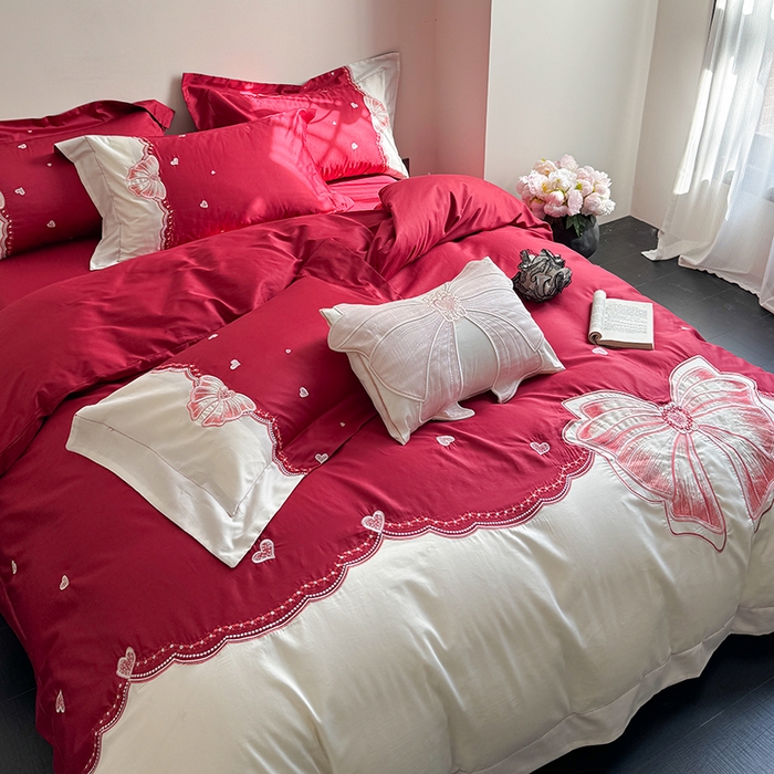 91家纺网 家纺一手货源 找家纺 优悦生活馆 2025新款全棉新疆长绒棉四件套-恋恋时光 控价 恋恋时光-胭脂红