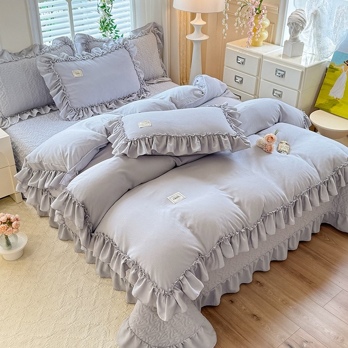 91家纺网 家纺一手货源 找家纺 花香四季家纺 2025新款泡芙小姐双层纱华夫格柔棉夹棉绗缝床盖单件三件四件套 泡芙小姐-灰