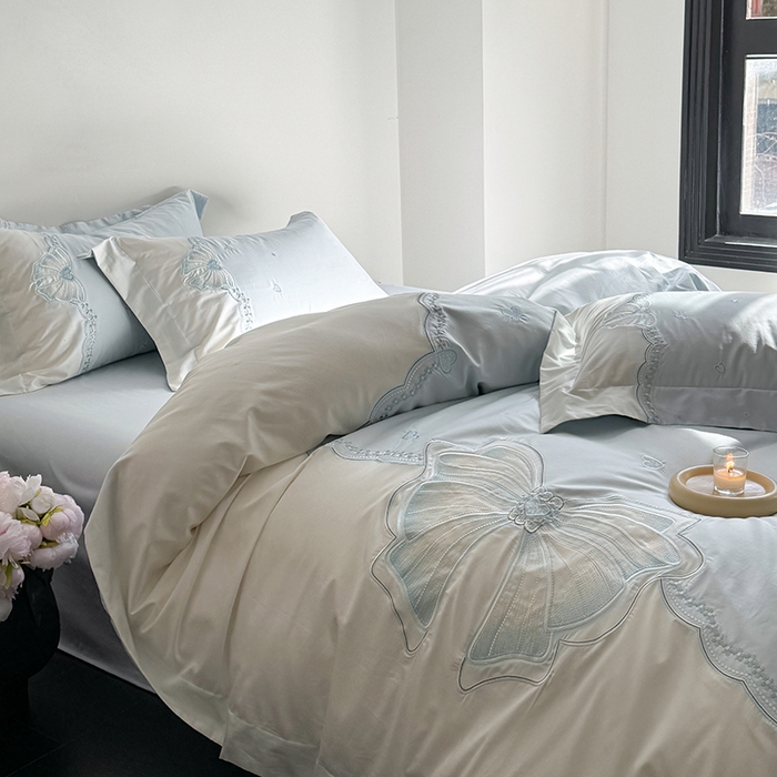 91家纺网 家纺一手货源 找家纺 优悦生活馆 2025新款全棉新疆长绒棉四件套-恋恋时光 控价 恋恋时光-云天蓝