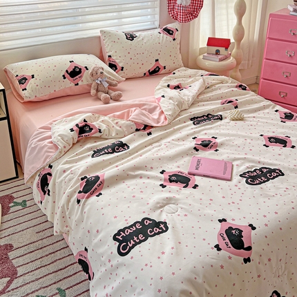 91家纺网 家纺一手货源 找家纺 妖妖家纺2025新款糯糯夏凉被四件套夏凉被空调被 慵懒小猫