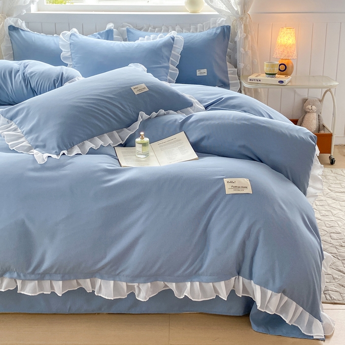 91家纺网 家纺一手货源 找家纺 红日子纺织品 2025新款韩版华夫格水洗棉四件套 冰峰蓝