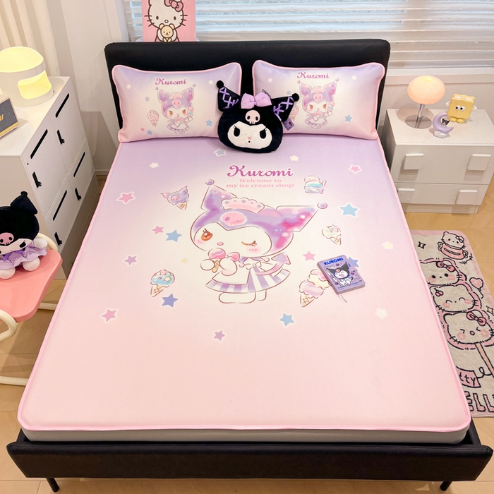 91家纺网 家纺一手货源 找家纺 暮思家居 2025新款正版授权A类大版数码印花三丽鸥可机洗1200D冰丝凉席可组合针织棉夏被四件套床笠款 床笠款-炫彩库洛米