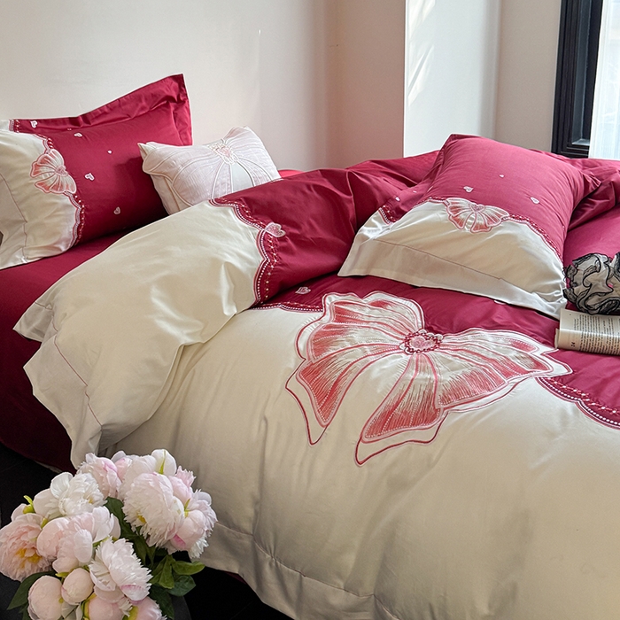 91家纺网 家纺一手货源 找家纺 优悦生活馆 2025新款全棉新疆长绒棉四件套-恋恋时光 控价 恋恋时光-胭脂红