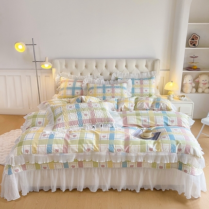 宜凡家纺2025新款雪纺花边印花夹棉床盖三件套四件套 北野