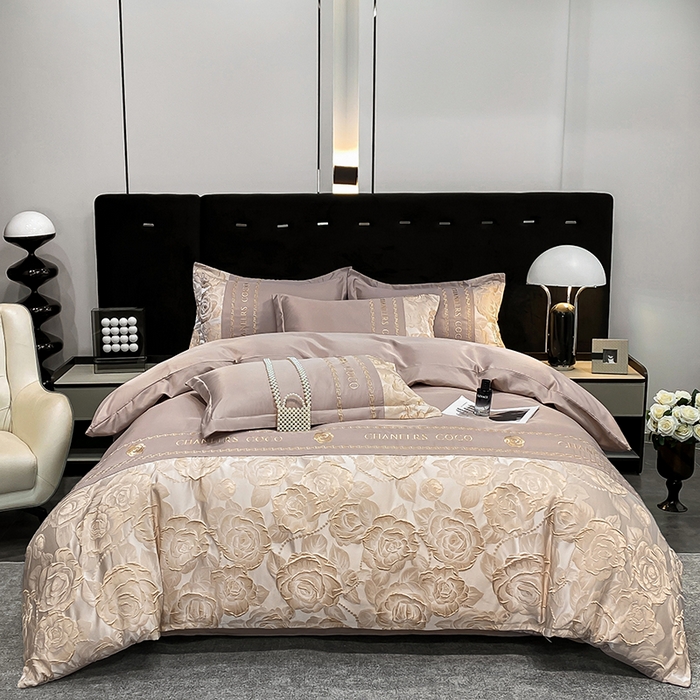 91家纺网 家纺一手货源 找家纺 富宁2025新款浮雕金丝提花刺绣四件套-恋花 麦穗咖