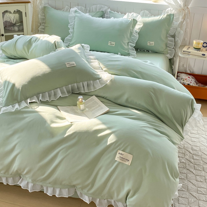 91家纺网 家纺一手货源 找家纺 红日子纺织品 2025新款韩版华夫格水洗棉四件套 亚麻绿