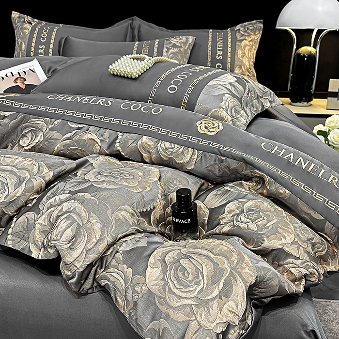 91家纺网 家纺一手货源 找家纺 富宁2025新款浮雕金丝提花刺绣四件套-恋花 曜石灰