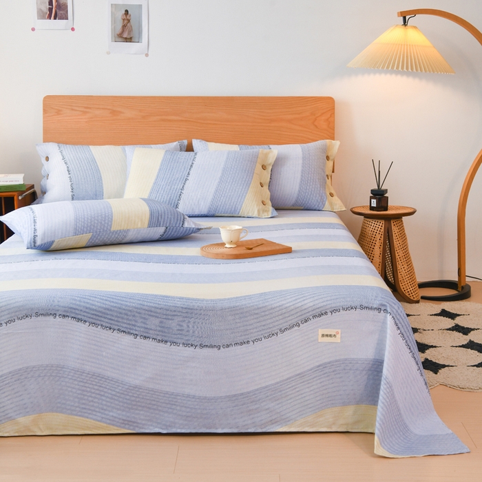 91家纺网 家纺一手货源 找家纺 仟网汇 2025新款活性印染无印纽扣原棉老粗布三件套 蓝波纹