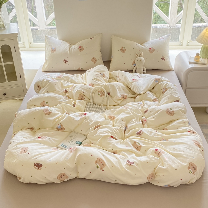 91家纺网 家纺一手货源 找家纺 【提供买家秀】2025直播云感皱皱棉四件套水洗棉简约风小碎花被套床笠三件套-平铺图 蛋糕熊