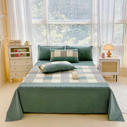 仟网汇 2025新款老粗布床单粗布凉席老粗布单床单枕套单品 绿格字母