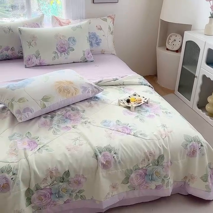 91家纺网 家纺一手货源 找家纺 瑜珠家纺 2025新款里外全棉棉花夏被 假日玫瑰