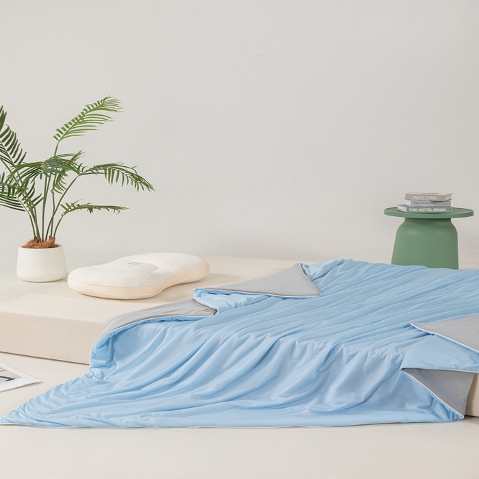 91家纺网 家纺一手货源 找家纺 潮邦家居 2025新款凉感丝夏被夏凉被空调被 天空蓝拼灰