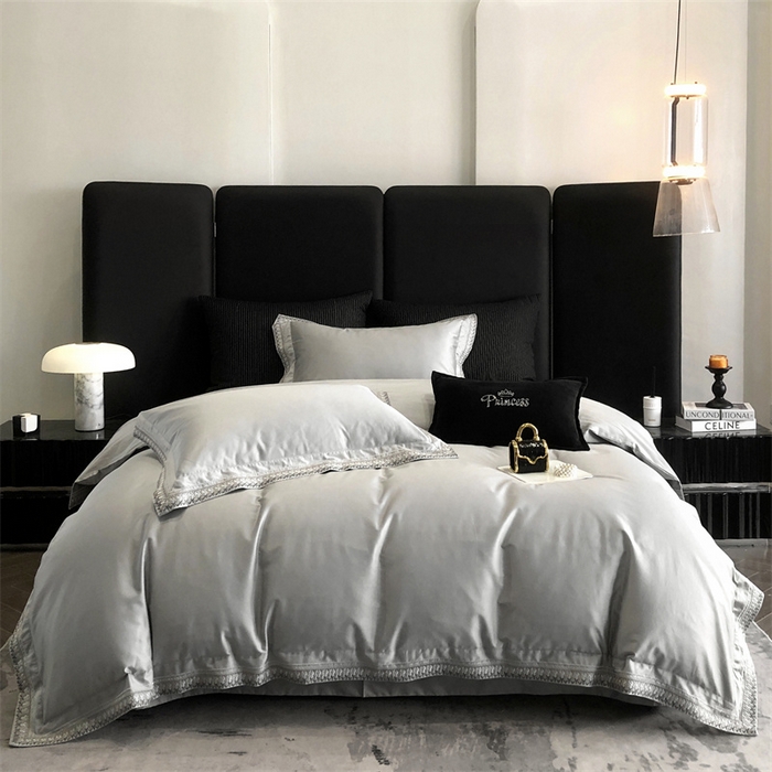 91家纺网 家纺一手货源 找家纺 保罗圣迪奥 2025新款50双股全棉长绒棉四件套-艾瑟琳系列 艾瑟琳-绅士灰