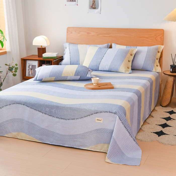 91家纺网 家纺一手货源 找家纺 仟网汇 2025新款活性印染无印纽扣原棉老粗布三件套 蓝波纹