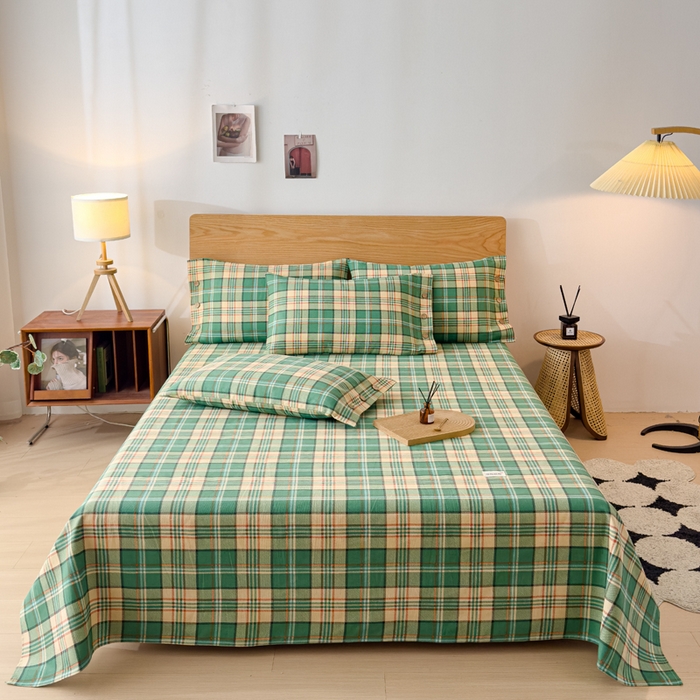 91家纺网 家纺一手货源 找家纺 仟网汇 2025新款活性印染无印纽扣原棉老粗布三件套 绿小格