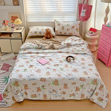 妖妖家纺 2025新款超柔双层纱糯糯针织棉夏凉被四件套 可爱卡皮巴拉