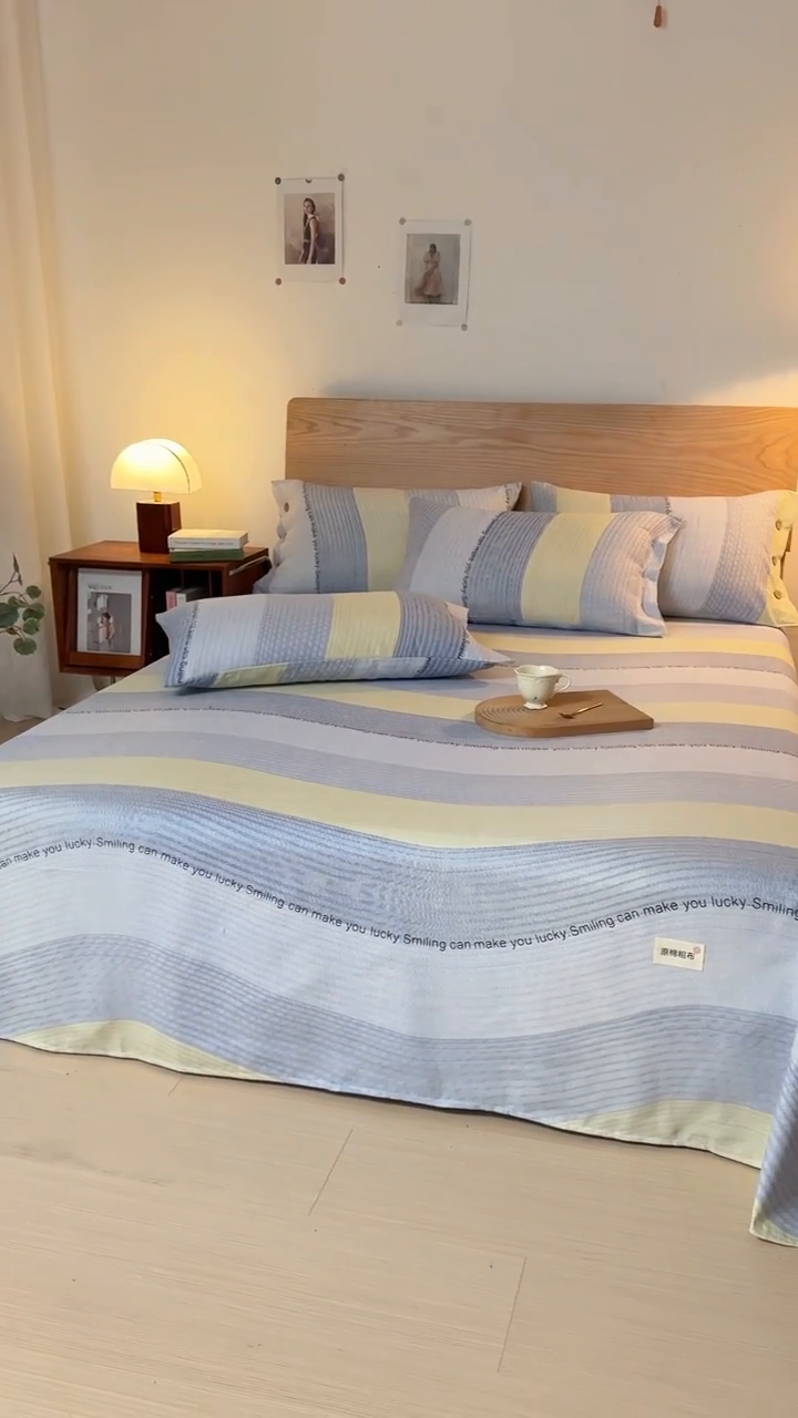 91家纺网 家纺一手货源 找家纺 仟网汇 2025新款活性印染无印纽扣原棉老粗布三件套 蓝波纹