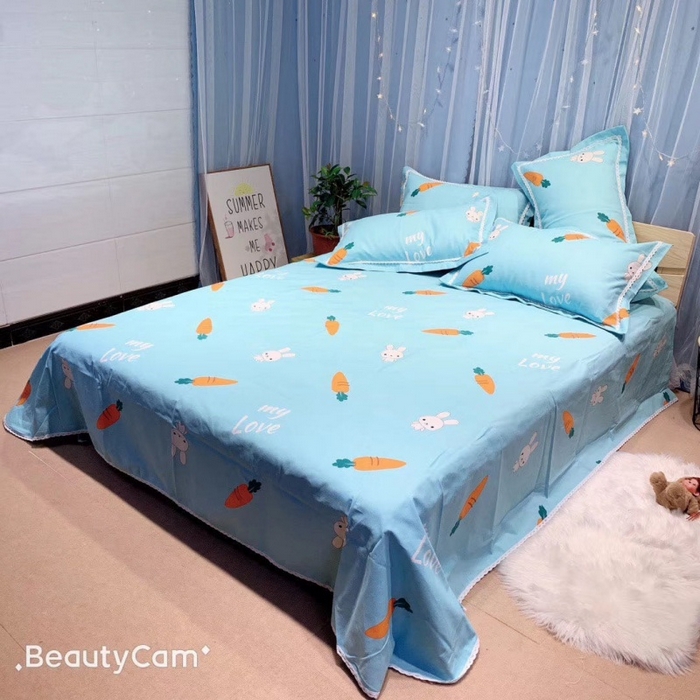 91家纺网 家纺一手货源 找家纺 仟网汇 2025全棉老粗布蕾丝花边三件套（无纺布手提包装） 胡萝卜蓝