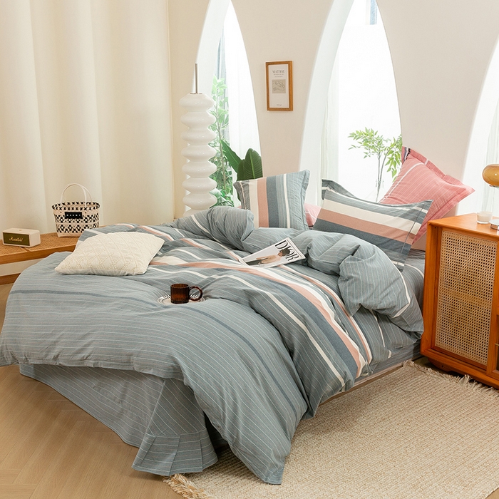 91家纺网 家纺一手货源 找家纺 喜四方 2025新款全棉色织水洗棉四件套 格林（灰）