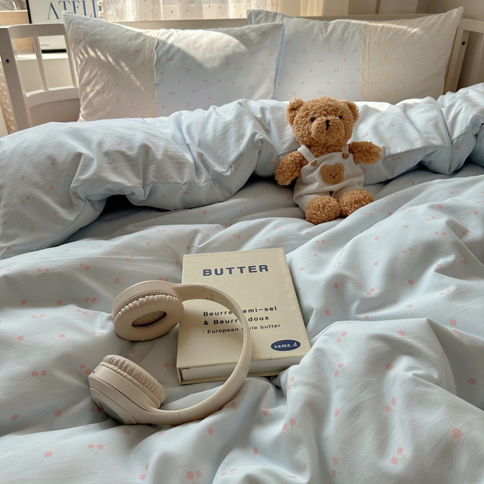 91家纺网 家纺一手货源 找家纺 顾里家纺 2025新款简约小资系列云感双层纱四件套 蓝粉樱桃