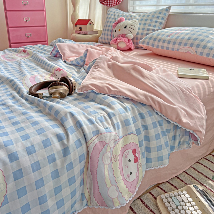 91家纺网 家纺一手货源 找家纺 妖妖家纺 2025新款超柔双层纱糯糯针织棉夏凉被四件套 蛋糕猫