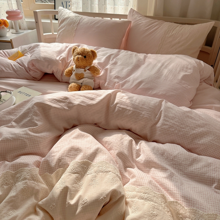 91家纺网 家纺一手货源 找家纺 顾里家纺 2025新款简约小资系列云感双层纱四件套 小粉格