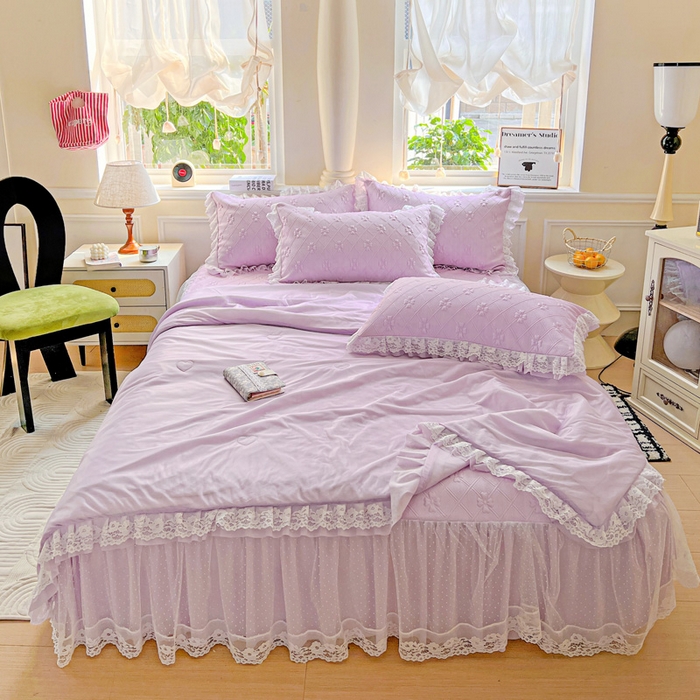 91家纺网 家纺一手货源 找家纺 创爱家纺 2025新款3D提花冰豆豆床裙款凉席夏被四件套 冰豆豆-紫