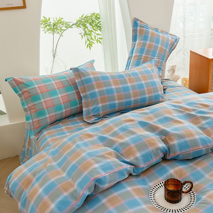 91家纺网 家纺一手货源 找家纺 喜四方 2025新款全棉色织水洗棉四件套 思域（蓝）