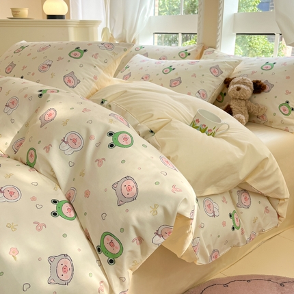 91家纺网 家纺一手货源 找家纺 仔仔熊 2025新款全棉印花四件套 粉红小猪