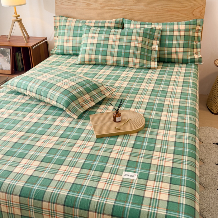 91家纺网 家纺一手货源 找家纺 仟网汇 2025新款活性印染无印纽扣原棉老粗布三件套 绿小格