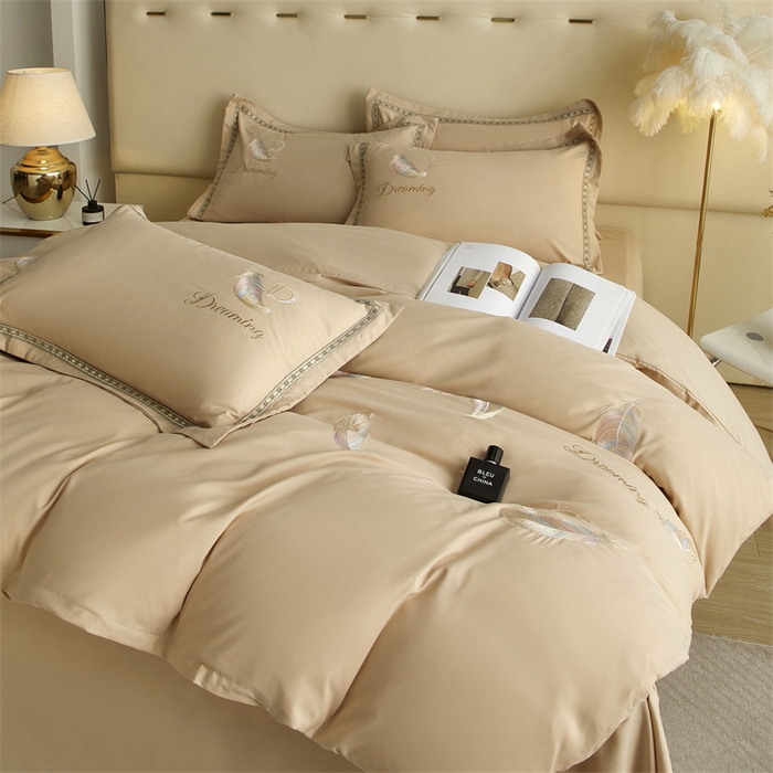 91家纺网 家纺一手货源 找家纺 佳宇轩 2025爆款水洗棉五彩刺绣四件套简约轻奢织带绣花床单床笠被罩4件套-蜜羽 蜜羽-浅咖