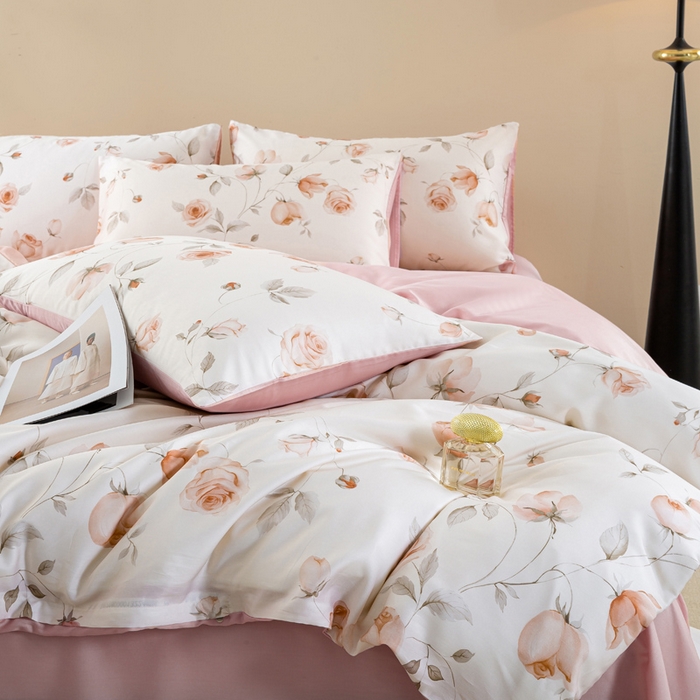 91家纺网 家纺一手货源 找家纺 帅露家纺 2025新款50S莱赛尔天丝印花四件套 花艺盈香-粉