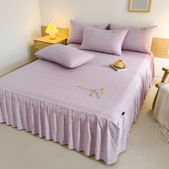 91家纺网 家纺一手货源 找家纺 布柔 2025新款100%全棉纯棉老粗布绣花印花凉席单品床裙 米多紫