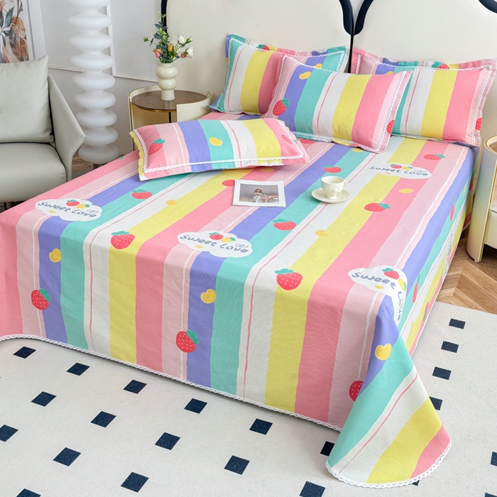 91家纺网 家纺一手货源 找家纺 仟网汇 2025全棉老粗布蕾丝花边三件套（无纺布手提包装） 彩虹