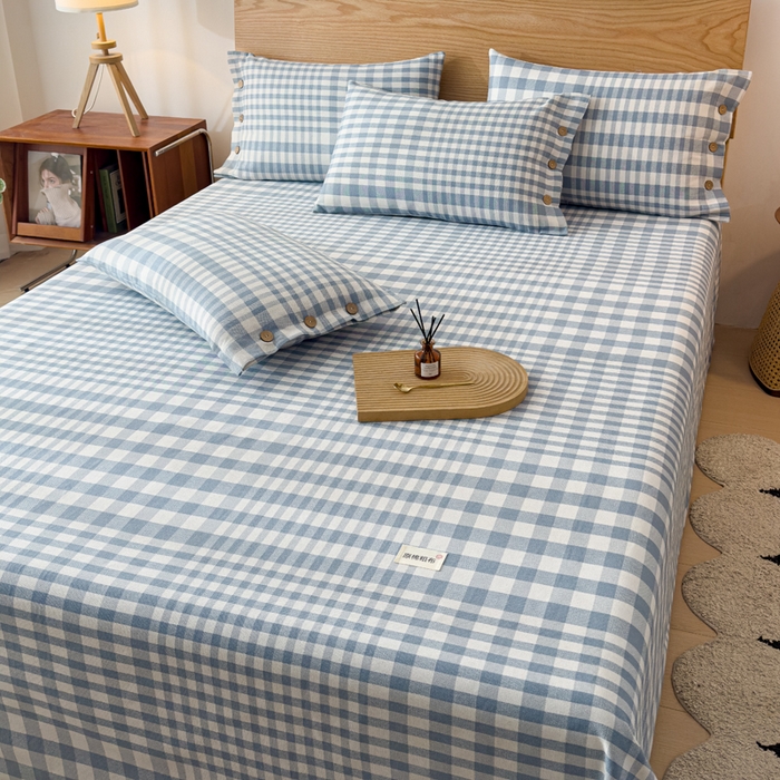 91家纺网 家纺一手货源 找家纺 仟网汇 2025新款活性印染无印纽扣原棉老粗布三件套 蓝白格