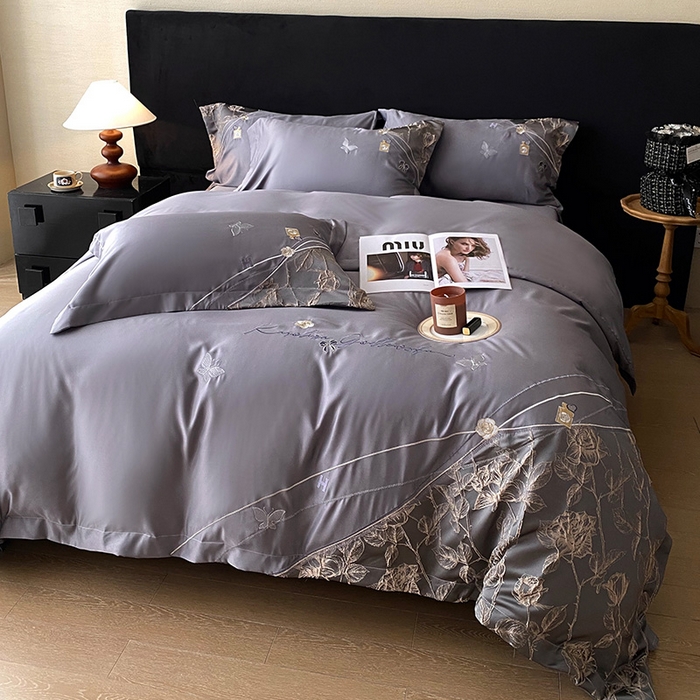 91家纺网 家纺一手货源 找家纺 优悦生活馆 2025新款冰丝浮雕绣花四件套 幽兰轻舞-深灰