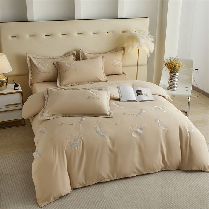 91家纺网 家纺一手货源 找家纺 佳宇轩 2025爆款水洗棉五彩刺绣四件套简约轻奢织带绣花床单床笠被罩4件套-蜜羽 蜜羽-浅咖