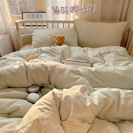 顾里家纺 2025新款简约小资系列云感双层纱四件套 绿黄樱桃