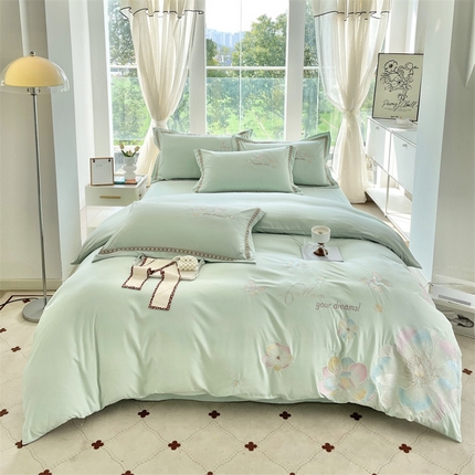 91家纺网 家纺一手货源 找家纺 （总）佳宇轩 2025爆款水洗棉五彩刺绣四件套简约轻奢织带绣花床单床笠被罩4件套-牡丹
